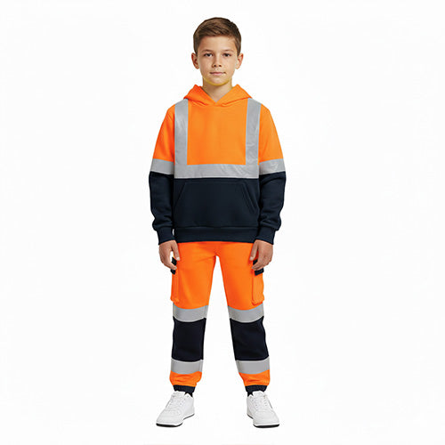 Standsafe HVK008 kids hi vis hoodie full front showing reflective tape