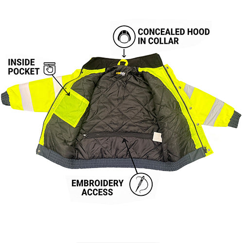 Standsafe HVK025 kids hi vis bomber jacket feature infographic