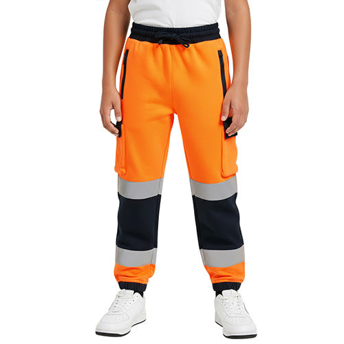 Standsafe HVK041 kids hi vis jogging bottoms in orange and navy front view